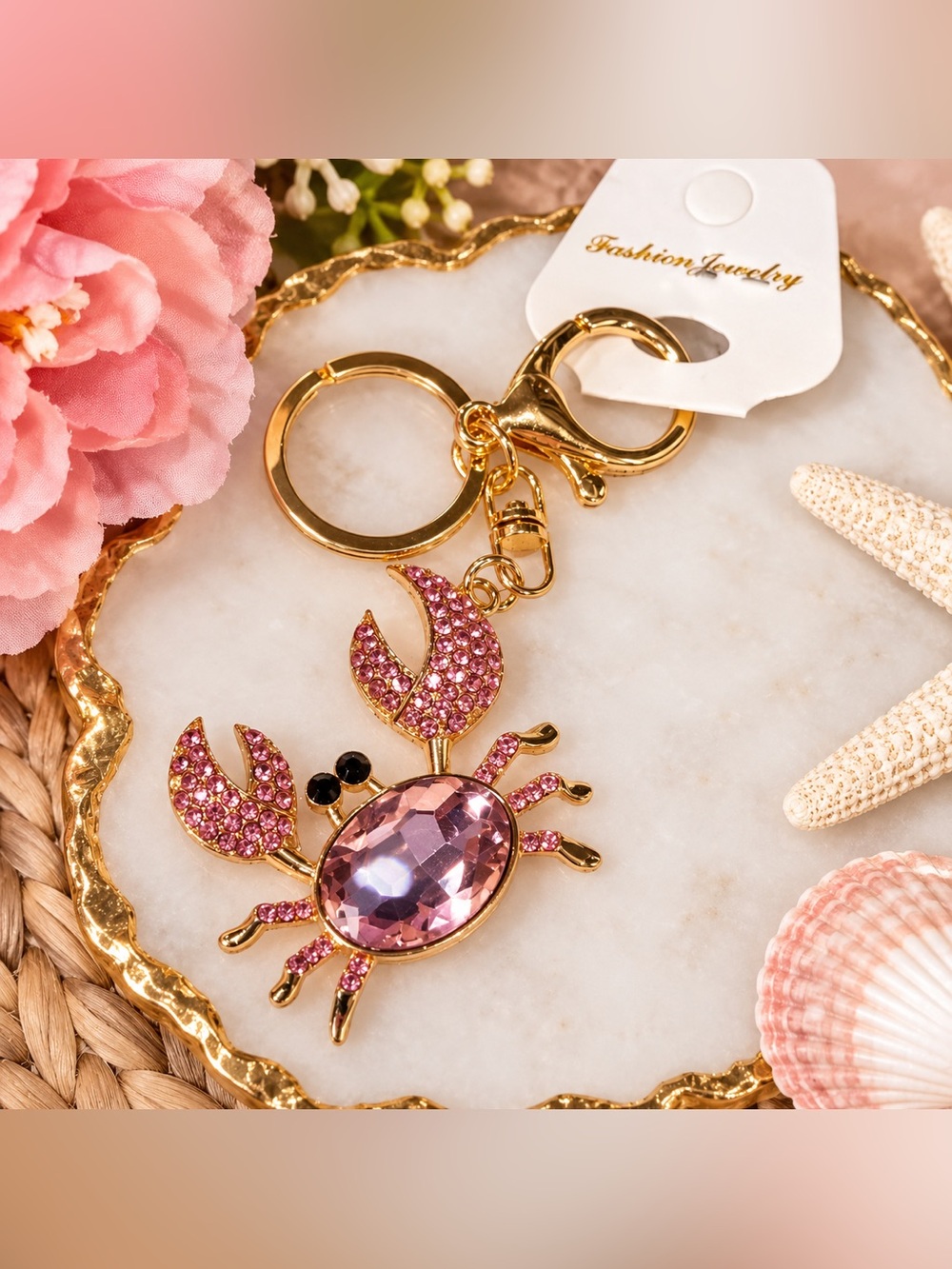✨ Sparkly Pink Rhinestone Crab Keychain Key Ring – Gold Tone Statement Bag Charm